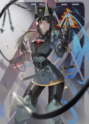 Rule 34 | 1girl, absurdres, animal ears, arknights, belt, black hair, black thighhighs, boots, breasts, coat, dobermann (arknights), dobermann (lieutenant) (arknights), dog ears, dog girl, hat, highres, holding, holding weapon, holding whip, long hair, looking at viewer, military, military hat, military uniform, official alternate costume, red eyes, sail (apha7775), solo, sword, thighhighs, uniform, weapon, whip