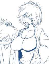 Rule 34 | 10s, 1boy, 1girl, akatsuki katsuie, angry, bad id, bad twitter id, bakugou katsuki, bakugou mitsuki, boku no hero academia, breasts, cleavage, headpat, inactive account, large breasts, mature female, monochrome, mother and son, short hair, spiked hair, white background