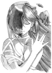 Rule 34 | 00s, 1girl, bad id, bad pixiv id, bandages, breasts, cleavage, derivative work, elfen lied, closed eyes, greyscale, highres, horns, kaede (character), large breasts, long hair, lucy (elfen lied), miamai, monochrome, ryuuryou, sketch, smile, solo, traditional media