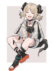Rule 34 | 1girl, absurdres, arknights, black collar, black footwear, blonde hair, blush, border, brown background, capelet, collar, crossed legs, demon girl, demon horns, demon tail, dress, full body, grey capelet, grey dress, highres, horns, ifrit (arknights), infection monitor (arknights), knees up, looking at viewer, material growth, open mouth, oripathy lesion (arknights), short twintails, simple background, smile, solo, tail, teeth, toeless footwear, tongue, twintails, upper teeth only, yakota (usuk-yako)