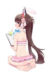 Rule 34 | 1girl, ass, back, barefoot, bikini, blue archive, blush, brown hair, cup, feet, flower, frilled bikini, frills, from behind, full body, grin, hair flower, hair ornament, halo, halterneck, highres, holding, long hair, looking at viewer, looking back, maidforge, pink bikini, purple eyes, seiza, shizuko (blue archive), simple background, sitting, smile, soles, swimsuit, teeth, thighs, toes, white background