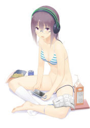 Rule 34 | 1girl, barefoot, black hair, book, bottomless, bra, breasts, censored, chips (food), cleavage, convenient censoring, food, glasses, handheld game console, headphones, highres, indian style, izumi sai, kneehighs, lingerie, looking at viewer, manga (object), milk, original, panties, panties around leg, playing games, playstation portable, potato chips, purple eyes, single sock, sitting, small breasts, snack, socks, solo, strap slip, striped bra, striped clothes, striped panties, underwear, underwear only, white socks