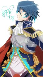Rule 34 | 1boy, aoi itsuki, ascot, blue eyes, blue hair, cape, epaulettes, facial mark, fire emblem, heart, male focus, matching hair/eyes, nintendo, rem (eyes 410), simple background, solo, tokyo mirage sessions fe, white background