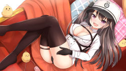 Rule 34 | &gt; &lt;, 1girl, :d, ass, azur lane, bird, black gloves, black hair, black ribbon, black thighhighs, blush, breasts, buttons, chick, cleavage, coat, coat dress, commentary request, couch, detached collar, fang, full body, gloves, hair between eyes, hair ribbon, hand on thigh, hat, knees up, large breasts, long hair, long sleeves, looking at viewer, lying, manjuu (azur lane), multiple straps, nc731, no shoes, on back, on couch, one side up, open mouth, pamiat merkuria (azur lane), panties, pantyshot, pillow, purple eyes, ribbon, russian clothes, sex toy, sidelocks, smile, solo focus, thigh strap, thighhighs, underbust, underwear, vibrator, white coat, white headwear