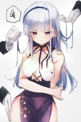 1girl azur_lane blush breasts cleavage collarbone dido_(anxious_bisque_doll)_(azur_lane) dido_(azur_lane) dress hairband hand_on_another&#039;s_thigh highres irohatomo long_hair looking_down medium_breasts purple_dress purple_eyes silver_hair solo solo_focus thighs white_background