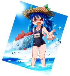 Rule 34 | 1girl, beach, blue hair, byourou, collarbone, day, fang, food, fruit, hat, hinanawi tenshi, long hair, one-piece swimsuit, open mouth, peach, red eyes, school swimsuit, solo, straw hat, swimsuit, touhou, wading