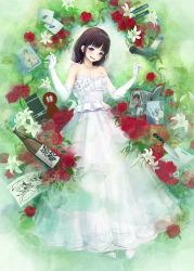 Rule 34 | 1girl, baby bottle, bare shoulders, blue eyes, boku no pico, book, bottle, brown hair, commentary request, cutting board, dress, dvd case, elbow gloves, envelope, flower, frilled dress, frills, full body, gloves, highres, jewelry, kath, knife, lily (flower), long dress, mars symbol, medium hair, microphone, necklace, nijisanji, open mouth, plant, red flower, red rose, rose, sake bottle, smile, solo, strapless, strapless dress, suzuka utako, tiara, virtual youtuber, w arms, white dress, white footwear, white gloves