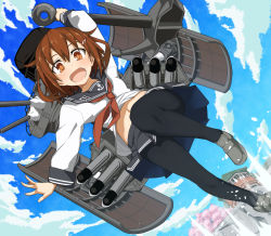 Rule 34 | 10s, 1girl, anchor, arm up, black pantyhose, blush, brown eyes, brown hair, cannon, fang, hair ornament, hairclip, ikazuchi (kancolle), kantai collection, kikunosukemaru, loafers, looking at viewer, midriff, navel, neckerchief, open mouth, pantyhose, personification, red neckerchief, school uniform, serafuku, shoes, short hair, skirt, smile, solo, torpedo