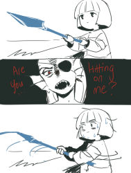 Rule 34 | 1girl, 3koma, androgynous, comic, energy spear, energy weapon, english text, eyepatch, fangs, fins, frisk (undertale), head fins, holding, holding weapon, juby, monster girl, motion lines, nervous, nervous sweating, open mouth, pointing, pointing spear, polearm, ponytail, red eyes, shaded face, sharp teeth, shirt, spear, spot color, striped clothes, striped shirt, sweat, swinging, teeth, undertale, undyne, upper body, weapon