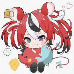 Rule 34 | 1girl, :3, animal ears, black hair, blue eyes, blush stickers, chibi, colored tips, dice hair ornament, hair ornament, hakos baelz, highres, hololive, hololive english, looking at viewer, mouse ears, mouse girl, mouse tail, mr. squeaks (hakos baelz), multicolored hair, red hair, ribbon, run (run level 18), solo, tail, tail ornament, tail ribbon, virtual youtuber, white hair