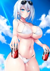 Rule 34 | 1girl, azur lane, bikini, blue eyes, blush, breasts, cameltoe, can, cleavage, cowboy shot, curvy, day, drink can, from side, hair between eyes, highres, large breasts, legs together, looking at viewer, micro bikini, monotosu, outdoors, short hair, silver hair, smile, soda can, solo, standing, string bikini, swimsuit, thick thighs, thighs, tirpitz (azur lane), tirpitz (snow-melting summer) (azur lane), white bikini