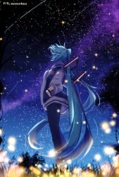 Rule 34 | 1girl, aqua hair, bug, commentary, firefly, from below, galaxy, grass, hair ornament, hands in pockets, hatsune miku, highres, insect, jacket, long hair, looking up, night, night sky, outdoors, pants, shooting star, sky, solo, standing, star (sky), starry sky, tree, twintails, twitter username, very long hair, vocaloid, wanaxtuco, wide shot
