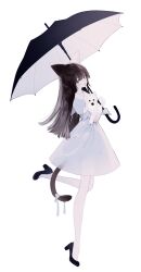 Rule 34 | 1girl, animal, animal ears, archived source, black footwear, black hair, blue dress, cat ears, cat tail, collared dress, dog, dress, expressionless, full body, grey eyes, high heels, highres, holding, holding animal, holding dog, holding umbrella, honjou ruri, honnryou hanaru, long hair, looking at viewer, original, parted lips, ribbon, sailor collar, simple background, solo, tail, tail ornament, tail ribbon, umbrella, white background