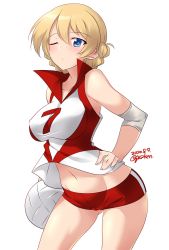 Rule 34 | 1girl, blonde hair, blue eyes, blush, breasts, cameltoe, collarbone, covered erect nipples, darjeeling (girls und panzer), girls und panzer, gym shorts, hand on own hip, highres, kuzuryuu kennosuke, large breasts, looking at viewer, midriff, navel, one eye closed, red shorts, shiny skin, shorts, simple background, solo, sportswear, standing, volleyball uniform, white background