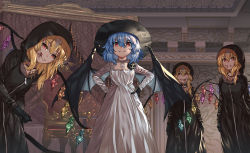 4girls, :d, :q, absurdres, alcina dimitrescu, alcina dimitrescu (cosplay), armchair, bat wings, black choker, black cloak, black flower, black gloves, black headwear, black rose, blonde hair, blood, blood on face, blue hair, blurry, blurry background, breasts, chair, choker, cloak, closed mouth, commentary, cosplay, creeper (gametime), crossover, daniela (resident evil), daniela (resident evil) (cosplay), depth of field, dress, english commentary, fangs, fangs out, flandre scarlet, flower, gloves, hands on hips, hat, highres, hood, hood up, indoors, jewelry, long dress, long hair, long sleeves, looking at viewer, medium hair, multiple girls, necklace, open mouth, red eyes, remilia scarlet, resident evil, resident evil village, rose, siblings, sisters, slit pupils, small breasts, smile, smug, tongue, tongue out, touhou, triplets, vampire, white dress, wings