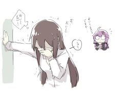Rule 34 | 2girls, ahoge, animal ears, arm support, black jacket, brown hair, commentary, covering own mouth, dress, hair ornament, hair tubes, holding, holding plate, hood, hooded jacket, jacket, leaning, long hair, master (vocaloid), multiple girls, nejikyuu, outstretched arm, plate, purple dress, purple hair, rabbit ears, shaded face, short hair with long locks, sidelocks, solid circle eyes, speech bubble, sweat, translated, trembling, vocaloid, voiceroid, white background, yuzuki yukari
