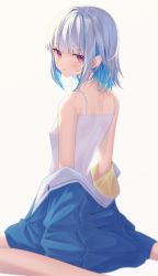 Rule 34 | 1girl, absurdres, bare shoulders, blue hair, blue jacket, blunt bangs, camisole, colored inner hair, from side, highres, jacket, lize helesta, looking at viewer, looking back, medium hair, multicolored hair, nenehotoso, nijisanji, off shoulder, parted lips, purple eyes, simple background, sitting, solo, two-tone hair, virtual youtuber, wariza, white background, white camisole, white hair