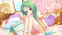 Rule 34 | 1girl, bare legs, barefoot, bedroom, bookmark, braid, curtains, dot nose, drawing (object), dutch angle, film grain, game cg, green hair, indoors, izumi tsubasu, knees up, lined paper, long braid, looking at viewer, non-web source, note, notebook, official art, on bed, pajamas, paper, pillow, re:stage!, shirokita kuroha, single braid, sitting, smile, solo, sparkle, stuffed animal, stuffed cat, stuffed toy, teddy bear, yellow eyes, yellow pajamas