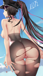 Rule 34 | 1girl, aircraft, airplane, ass, ass support, back, bare shoulders, bikini, black bikini, black gloves, black hair, black hat, black pantyhose, blue sky, blush, breasts, censored, cleft of venus, cloud, contrail, cowboy shot, da mao banlangen, facial mark, fate/grand order, fate (series), fingerless gloves, forehead mark, from behind, gloves, hat, high ponytail, highres, legs together, lens flare, long hair, looking at viewer, looking back, medium breasts, mosaic censoring, multicolored hair, nail polish, nipples, no panties, ok sign, outdoors, pantyhose, parted bangs, peaked cap, pink hair, pink nails, police hat, ponytail, pussy, sessyoin kiara, sessyoin kiara (swimsuit mooncancer), sessyoin kiara (swimsuit mooncancer) (second ascension), sky, solo, standing, streaked hair, swimsuit, thigh gap, thighs, torn clothes, torn pantyhose, traffic baton, translated, very long hair, yellow eyes