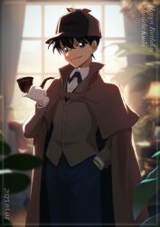 Rule 34 | 1boy, absurdres, black hair, black pants, blue eyes, brown cape, brown hat, buttons, cape, character name, collared shirt, cosplay, curtains, deerstalker, detective, gloves, happy birthday, hat, highres, holding, holding smoking pipe, kudou shin&#039;ichi, long sleeves, looking at viewer, magurosamm, male focus, meitantei conan, pants, sherlock holmes, sherlock holmes (cosplay), shirt, short hair, smoking pipe, solo, white gloves, white shirt, window