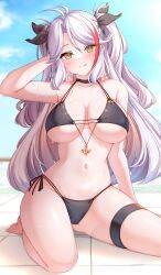 Rule 34 | 1girl, :q, absurdres, antenna hair, arm behind head, arm up, azur lane, bare arms, bare legs, bare shoulders, barefoot, bikini, black bikini, black choker, black ribbon, blue sky, blush, breasts, brown eyes, choker, cloud, collarbone, commentary request, day, grey hair, groin, hair between eyes, hair ribbon, head tilt, highres, large breasts, long hair, looking at viewer, mole, mole on breast, moyoron, multicolored hair, navel, outdoors, parted bangs, prinz eugen (azur lane), prinz eugen (unfading smile) (azur lane), red hair, ribbon, sky, solo, streaked hair, swimsuit, thigh strap, tongue, tongue out, two side up, very long hair, wet