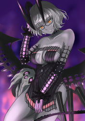 Rule 34 | 1girl, bare shoulders, black dress, breasts, choker, cleavage, collarbone, colored skin, detached sleeves, dress, fate/grand order, fate (series), glasses, grey hair, grey skin, grin, highres, horns, jacques de molay (foreigner) (fate), jacques de molay (foreigner) (third ascension) (fate), ksfactory, large breasts, looking at viewer, short dress, short hair, smile, thighs, wings, yellow eyes