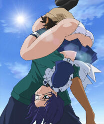 00s 1boy 1girl anime_screenshot ass blue_hair butt_crack eyepatch green_eyes highres ikkitousen panties ryomou_shimei socks stitched third-party_edit underwear white_panties