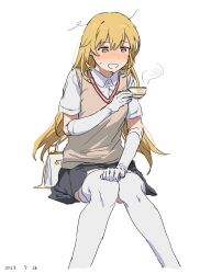 Rule 34 | + +, 1girl, bag, blonde hair, blush, breasts, brown sweater vest, collared shirt, cowlick, cropped legs, cup, dated, embarrassed, gloves, grey skirt, hand on own leg, handbag, highres, holding, holding cup, legs together, long hair, looking at object, open mouth, pleated skirt, scene reference, school uniform, shirt, shokuhou misaki, sitting, skirt, small breasts, solo, steam, sweat, sweater vest, swept bangs, takatisakana, teacup, thighhighs, toaru kagaku no mental out, toaru majutsu no index, tokiwadai school uniform, white background, white gloves, white shirt, white thighhighs, yellow eyes