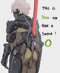 Rule 34 | 1boy, armor, ass, between buttocks, cyborg, english text, from behind, grey hair, highres, holding, holding sword, holding weapon, male focus, metal gear (series), metal gear rising: revengeance, raiden (metal gear), solo, standing, sword, weapon, yoracrab