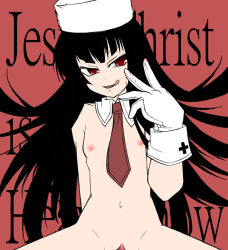 Rule 34 | 1girl, arm behind back, artist request, between breasts, black hair, blood on hands, breasts, english text, flat chest, girlycard, gloves, hellsing, navel, necktie, necktie between breasts, nipples, no bra, no panties, nude, pussy, red eyes, small breasts, solo, white gloves, white headwear