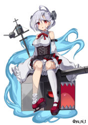 Rule 34 | 1girl, ahoge, azur lane, bad id, bad pixiv id, bolt (hardware), commentary request, detached sleeves, looking at viewer, machinery, mary janes, parted lips, red eyes, shoes, short hair, silver hair, sitting, sleeves past wrists, solo, terror (azur lane), turret, wide sleeves, yu ni t