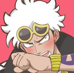 Rule 34 | 1boy, artist request, blush, chicken284, clenched hand, close-up, constricted pupils, creatures (company), dark-skinned male, dark skin, eyewear on head, game freak, glasses, guzma (pokemon), looking to the side, male focus, nintendo, open mouth, pink background, pokemon, pokemon sm, simple background, solo, sunglasses, tattoo, team skull, upper body, watch, white hair, wristwatch