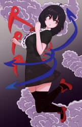 Rule 34 | 1girl, ankle bow, ankle ribbon, asymmetrical wings, black dress, black hair, black thighhighs, blue wings, blush, bow, bowtie, breasts, bright pupils, center frills, cloud, commentary request, dress, frilled dress, frills, full body, gradient background, grey background, hair between eyes, high heels, highres, houjuu nue, large breasts, leg ribbon, long hair, looking back, nue day, open mouth, red bow, red bowtie, red eyes, red footwear, red wings, ribbon, short dress, short sleeves, solo, souichi0605, thighhighs, touhou, white pupils, wings