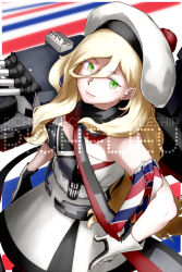 Rule 34 | 1girl, anti-aircraft, anti-aircraft gun, beret, blonde hair, breasts, cannon, dress, gloves, green eyes, hair between eyes, hat, kantai collection, lips, long hair, looking at viewer, mast, medium breasts, mole, mole under eye, mole under mouth, multicolored clothes, multicolored gloves, multicolored scarf, oso (toolate), richelieu (kancolle), scarf, smile, solo, strapless, strapless dress, turret