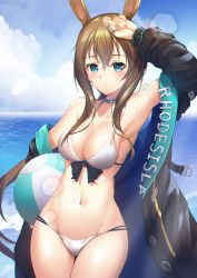 Rule 34 | 1girl, amiya (arknights), animal ears, arknights, arm up, armpits, ball, bare shoulders, beachball, bikini, black bow, black jacket, blue eyes, blue sky, blush, bow, bow bikini, breasts, brown hair, carrying, carrying under arm, cleavage, closed mouth, cloud, cloudy sky, collarbone, commentary, day, female focus, fingernails, gluteal fold, groin, hair between eyes, highres, horizon, hyonee, jacket, jewelry, long hair, long sleeves, looking at viewer, medium breasts, navel, ocean, open clothes, open jacket, outdoors, puffy long sleeves, puffy sleeves, rabbit ears, revision, ring, sidelocks, sky, solo, swimsuit, thigh gap, very long hair, water, white bikini
