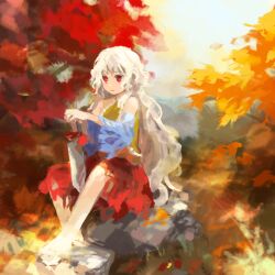 Rule 34 | 1girl, barefoot, blue sleeves, cleaver, closed mouth, commentary request, day, detached sleeves, dress, hashitsuki nata, holding cleaver, kaigen 1025, multicolored clothes, multicolored dress, nata (tool), outdoors, red eyes, rock, sakata nemuno, sitting, sitting on rock, solo, touhou, wavy hair, white hair