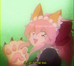Rule 34 | 1990s (style), 1girl, a cat is fine too (meme), animal ear fluff, animal ears, animal hands, black dress, bow, cat ears, commentary, dress, english commentary, english text, fang, fate/grand order, fate (series), from side, green background, hair between eyes, hair bow, high ponytail, long hair, looking at viewer, maid, maid headdress, medium bangs, meme, open mouth, pink hair, red bow, retro artstyle, sidelocks, smile, solo, static, step arts, subtitled, tamamo (fate), tamamo cat (fate), tamamo cat (second ascension) (fate), upper body, yellow eyes