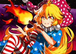 Rule 34 | 1girl, american flag dress, american flag legwear, black border, blonde hair, border, clownpiece, eyes visible through hair, fire, gradient background, hair between eyes, hands up, hat, long hair, looking at viewer, open mouth, pink hat, purple background, qqqrinkappp, red background, short sleeves, smile, solo, star (symbol), star print, thighhighs, torch, touhou, traditional media