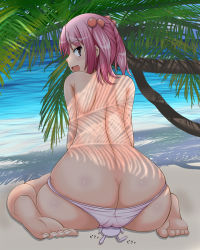 Rule 34 | 10s, 1girl, ass, back, bare back, bare shoulders, barefoot, beach, blush, butt crack, from behind, hair bobbles, hair ornament, huge ass, kantai collection, looking back, open mouth, panties, pink eyes, pink hair, sazanami (kancolle), shiny skin, skindentation, smile, tk (butakuma), twintails, underwear