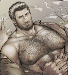 Rule 34 | 1boy, abs, bara, beard, body hair, chest hair, facial hair, greyscale, guided pectoral grab, guiding hand, hairy, highres, holding hands, large pectorals, looking at viewer, male focus, monochrome, muscular, muscular male, nipples, on bed, open clothes, open shirt, original, pectoral focus, pectorals, short hair, smile, solo focus, tarowo, upper body