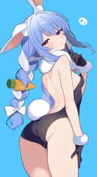 Rule 34 | 1girl, absurdres, animal ears, ass, backless leotard, bare shoulders, black gloves, black leotard, blue hair, blush, breasts, carrot, commentary request, cowboy shot, don-chan (usada pekora), ear down, from behind, fur-trimmed gloves, fur trim, gloves, heart, highres, hiroikara (smhong04), hololive, index finger raised, leotard, light blue hair, looking at viewer, looking back, multicolored hair, open mouth, orange eyes, rabbit ears, rabbit girl, rabbit tail, small breasts, solo, spoken heart, strapless, strapless leotard, streaked hair, tail, usada pekora, virtual youtuber, white hair