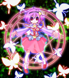 Rule 34 | 1girl, arms at sides, bad id, bad pixiv id, bug, butterfly, female focus, full body, hairband, heart, insect, komeiji satori, magic circle, pink eyes, purple hair, short hair, solo, touhou, yonyon
