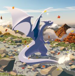 Rule 34 | alternate color, charizard, claws, closed mouth, cloud, commentary request, creatures (company), day, fang, fang out, full body, game freak, gen 1 pokemon, highres, komepan, looking up, mountain, nintendo, no humans, outdoors, pokemon, pokemon (creature), rock, shiny pokemon, sky, solo, standing