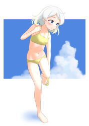 Rule 34 | 1girl, alternate costume, barefoot, bikini, blue sky, breasts, cloud, full body, hairband, kantai collection, looking at viewer, midriff, natsugumo (kancolle), navel, one-hour drawing challenge, ray.s, short hair, sky, small breasts, solo, standing, swimsuit, white hairband, yellow bikini