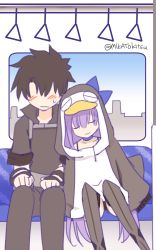 Rule 34 | 1boy, 1girl, animal hood, bad id, bad pixiv id, black gloves, black hair, black jacket, black pants, blue choker, blush, choker, closed eyes, closed mouth, commentary request, day, faceless, faceless male, fate/grand order, fate (series), fingerless gloves, fujimaru ritsuka (male), fujimaru ritsuka (male) (polar chaldea uniform), gloves, highres, hood, hood up, hooded jacket, jacket, kimura shuuichi, leaning on person, leaning to the side, long hair, long sleeves, meltryllis, meltryllis (fate), meltryllis (swimsuit lancer) (fate), meltryllis (swimsuit lancer) (first ascension) (fate), pants, penguin hood, polar chaldea uniform, puffy long sleeves, puffy sleeves, purple hair, sitting, sleeves past fingers, sleeves past wrists, smile, sweat, train interior, twitter username, uniform, very long hair, wavy mouth