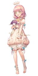 Rule 34 | 1girl, :d, artist name, bloomers, blue bow, blunt bangs, blush, bow, bow bloomers, braid, crown, dress, flower, frilled cuffs, frilled sleeves, frills, full body, gradient hair, highres, iriam, kikugetsu, long hair, looking at viewer, multicolored hair, open mouth, pink hair, pointy ears, puffy short sleeves, puffy sleeves, short sleeves, single braid, smile, socks, solo, stuffed animal, stuffed toy, tefumu chia, underwear, virtual youtuber, white background, white socks, wrist cuffs, yellow eyes