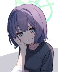 Rule 34 | 1girl, 1other, black shirt, blue archive, blush, breasts, closed mouth, collarbone, green eyes, green halo, halo, highres, hyakucha, large breasts, looking at viewer, purple hair, saki (blue archive), shirt, short hair, short sleeves, solo focus, watermark