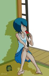 Rule 34 | 1girl, artist request, blue hair, creatures (company), feet, food, game freak, gen 1 pokemon, highres, lana (pokemon), nintendo, on floor, pokemon, pokemon sm, poliwhirl, popsicle, short hair, shorts, simple background, sitting, tagme, tank top, wallpaper