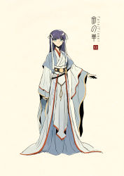 Rule 34 | 1girl, arm at side, beige background, blue eyes, blunt bangs, chinese clothes, closed mouth, earrings, fate (series), frown, full body, hair ribbon, hanfu, highres, jewelry, long sleeves, looking at viewer, martha (fate), outstretched arm, purple hair, ribbon, robe, sash, simple background, solo, standing, white ribbon, wide sleeves, zerocastle