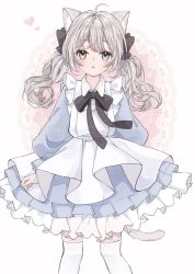 Rule 34 | 1girl, absurdres, animal ears, black bow, blue dress, blush, bow, cat ears, dress, highres, long hair, long sleeves, looking at viewer, maid, original, pinafore dress, puffy sleeves, simple background, sleeveless dress, standing, thighhighs, white background, white thighhighs, yuni 0205
